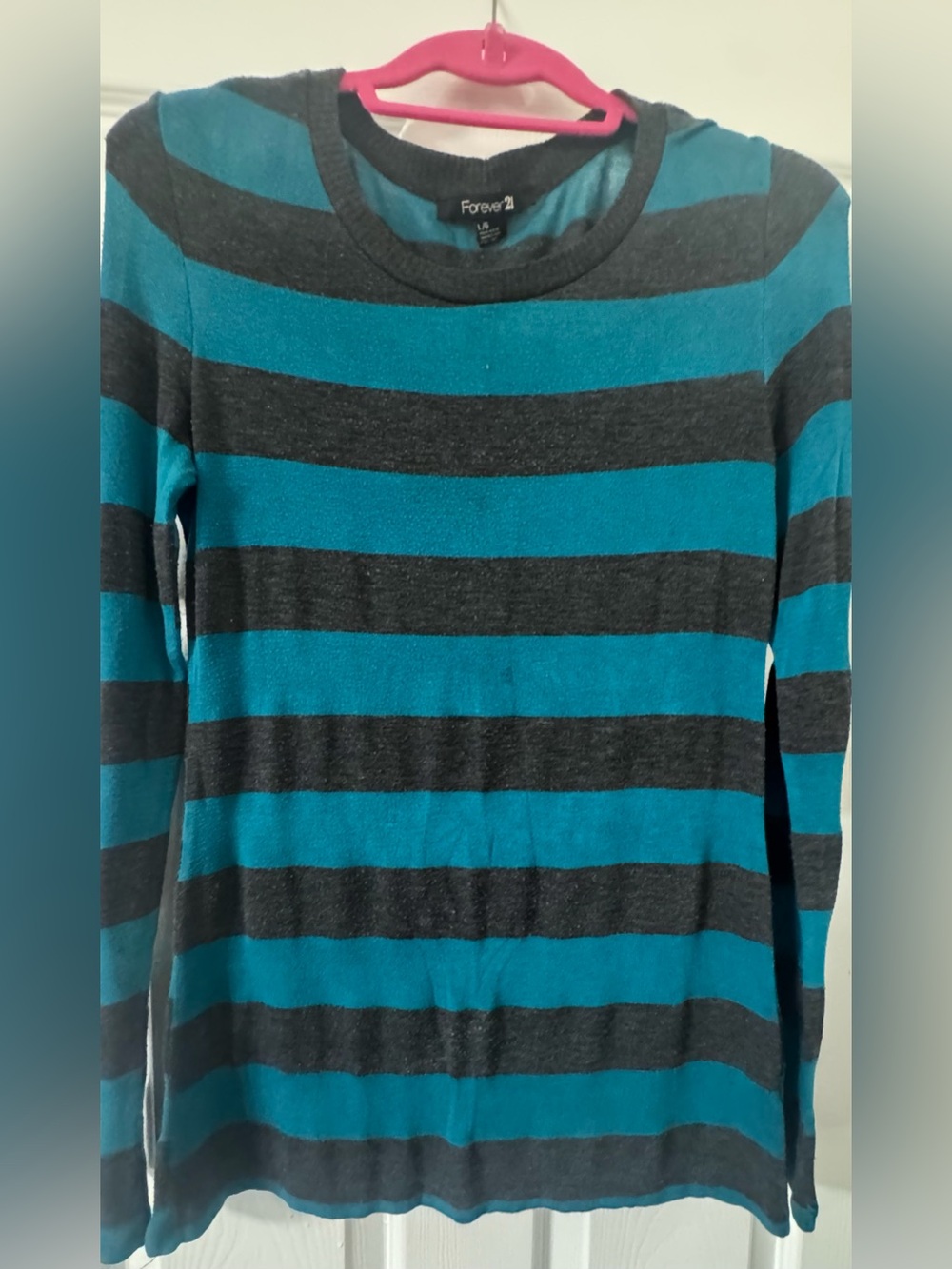 Forever 21 Teal and Charcoal Striped Crew Neck Sweater